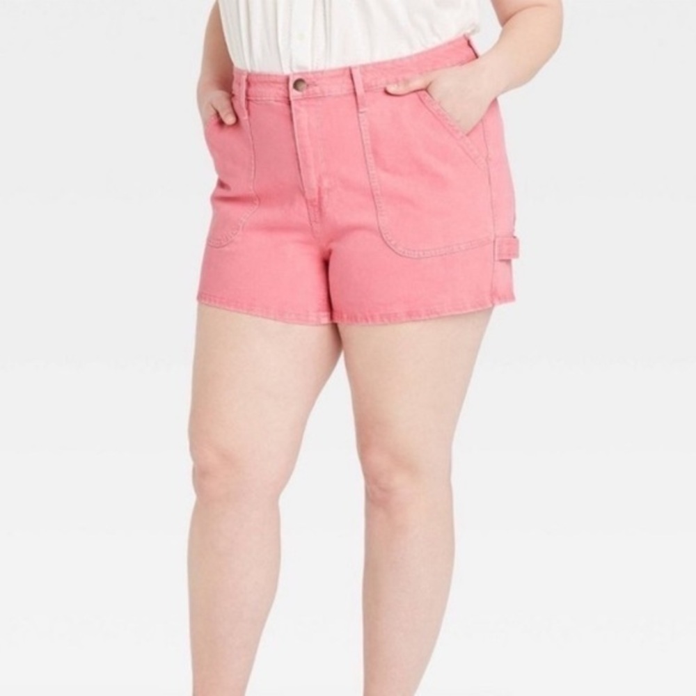 NWT Plus Size 26W Pink Denim High Rise Carpenter Shorts Jean Utility Pockets New